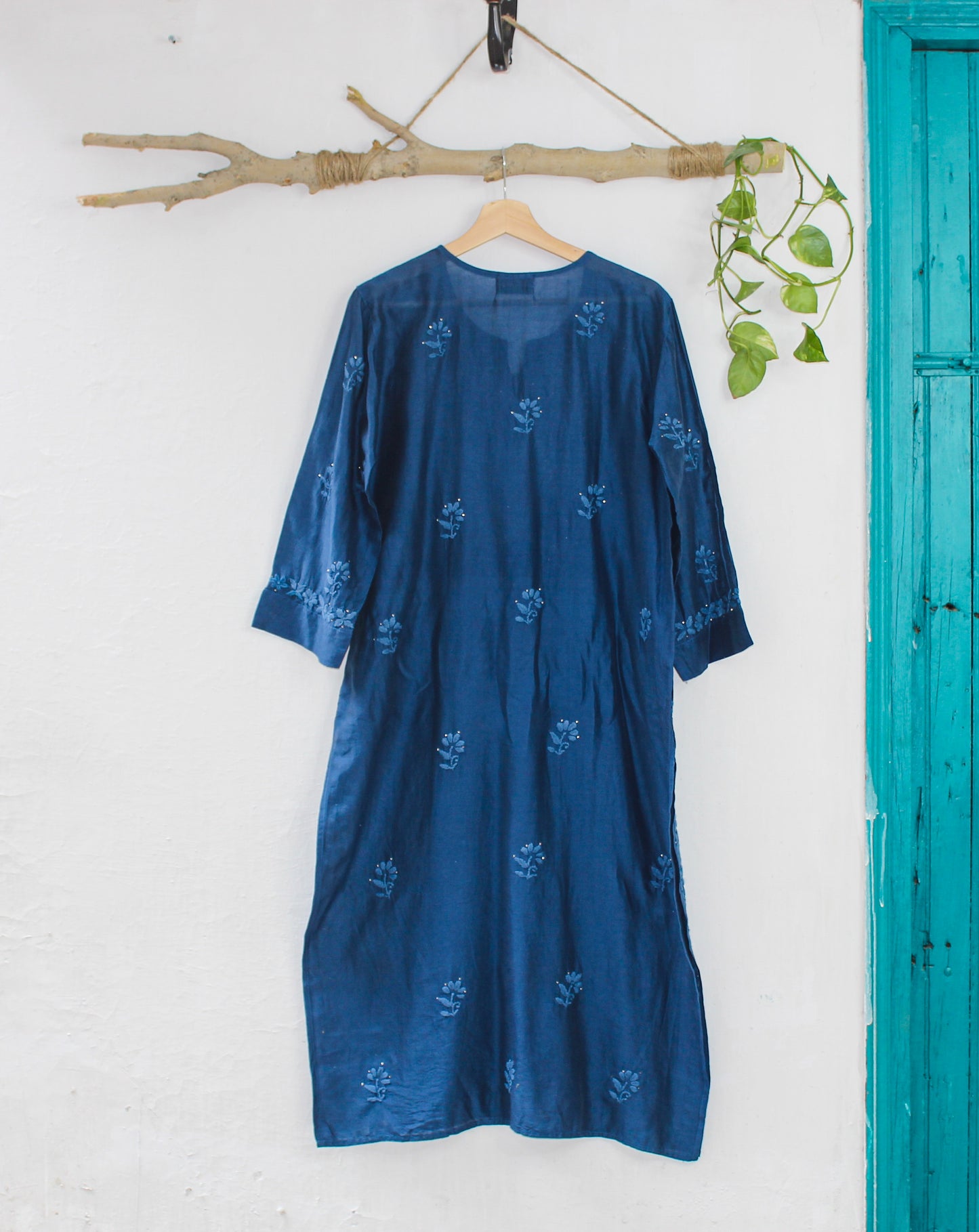 Long Kurta Chanderi Dark Blue Mukesh
