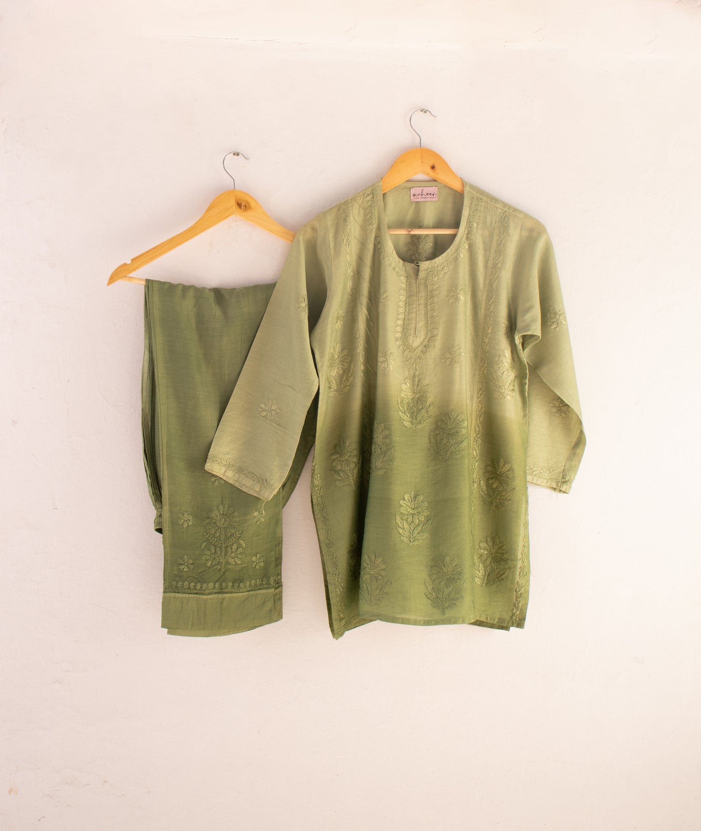 Short Top Pant Set Chanderi Green