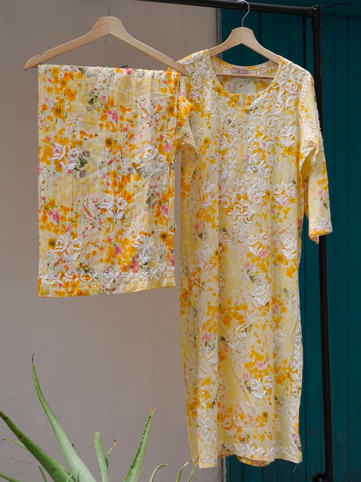 Kurta Palazzo Set Mulmul Multicolor Yellow