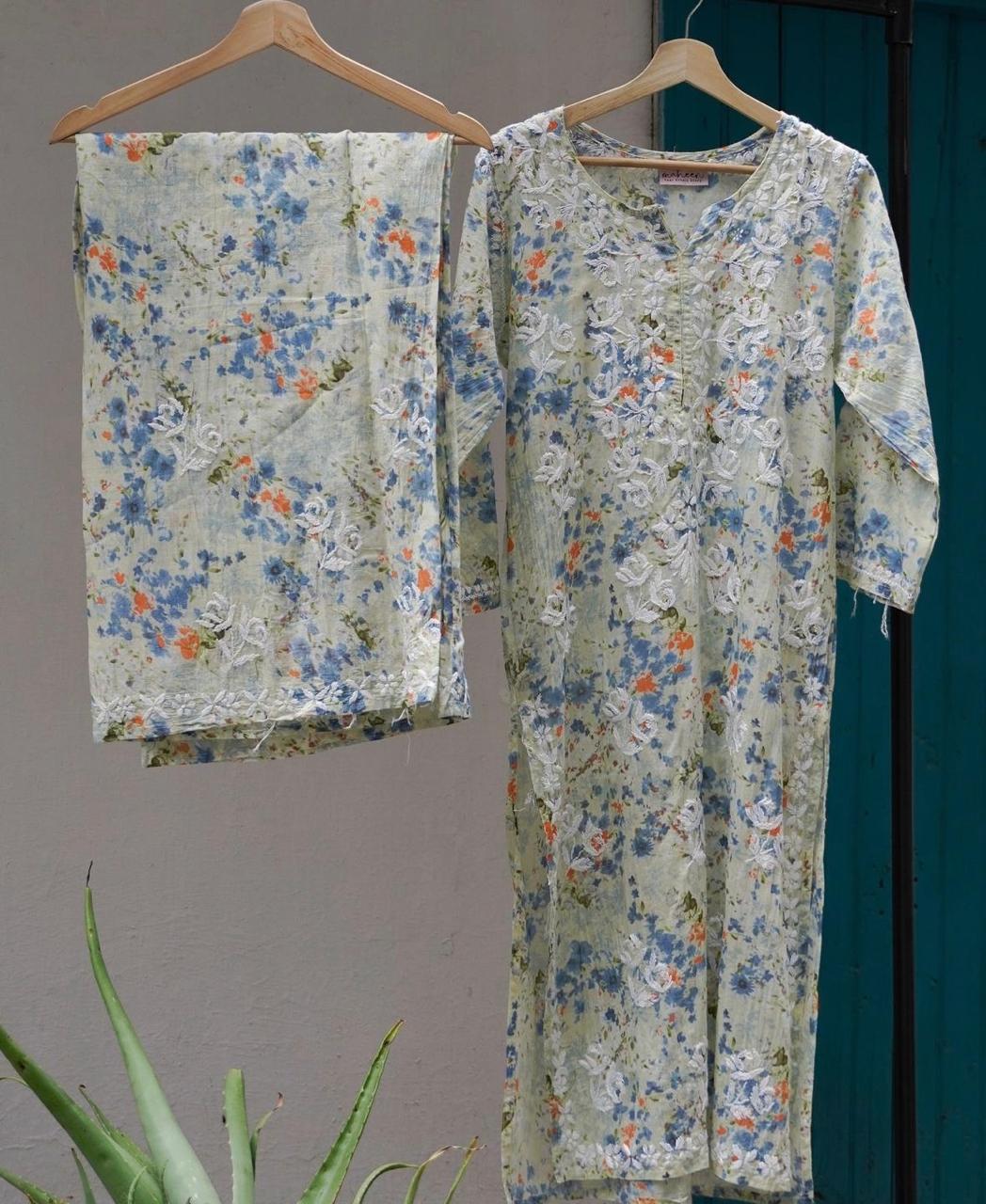 Kurta Palazzo Set Mulmul Multicolor Blue