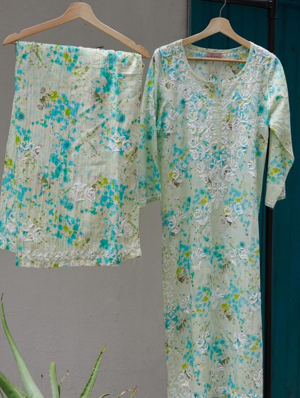 Kurta Palazzo Set Mulmul Multicolor Green