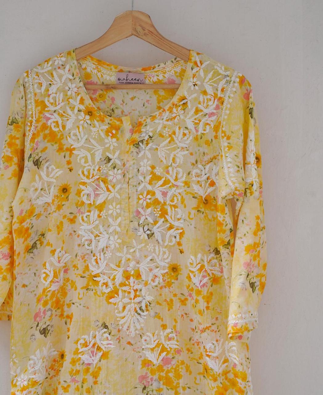 Kurta Palazzo Set Mulmul Multicolor Yellow